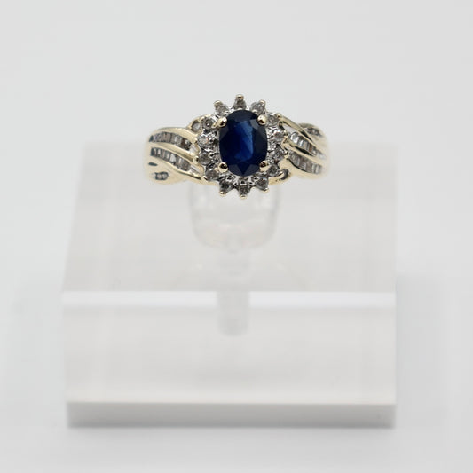 10k Yellow Gold Genuine Sapphire and Diamond Ring - Size 7