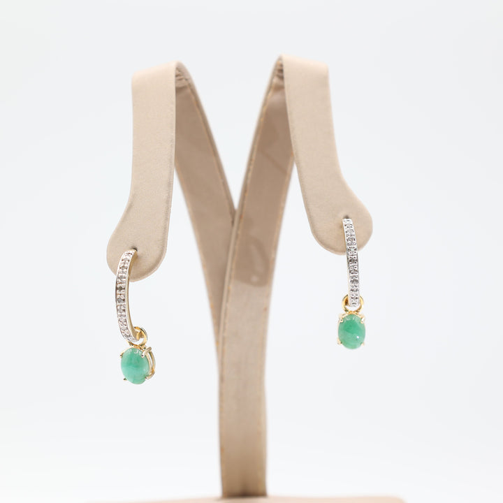 925 Sterling Silver Gold Plated Half Hoop Dangle Earrings with Diamond and 8x6mm Oval Jade Stone