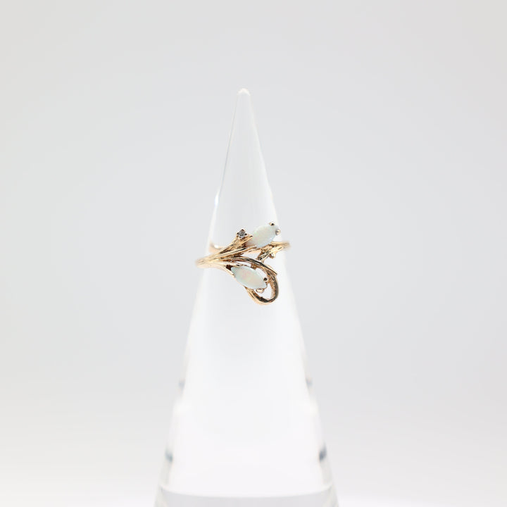10k Yellow Gold Band with Two Opal Stones and Diamond Ring Size