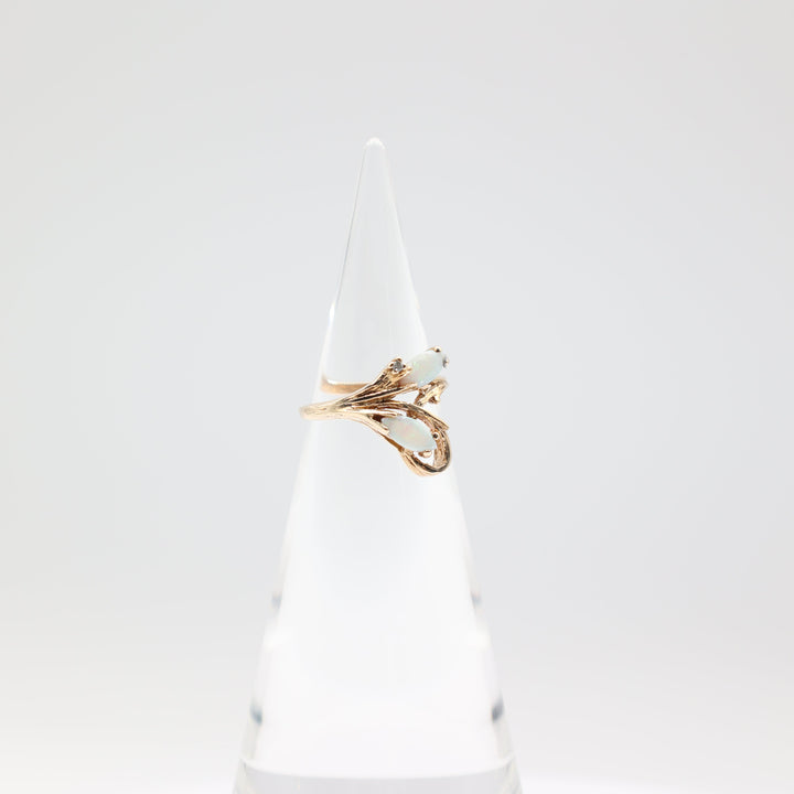 10k Yellow Gold Band with Two Opal Stones and Diamond Ring Size
