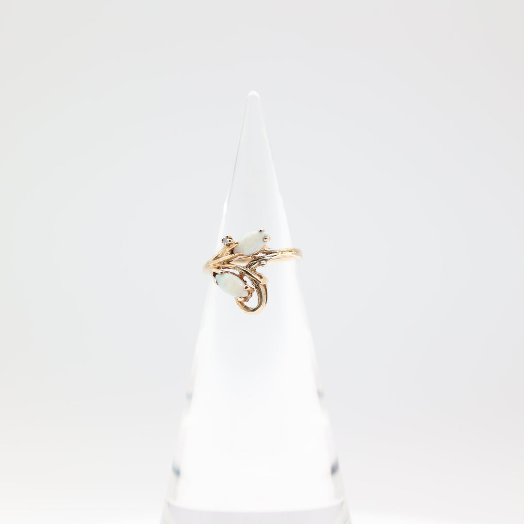 10k Yellow Gold Band with Two Opal Stones and Diamond Ring Size