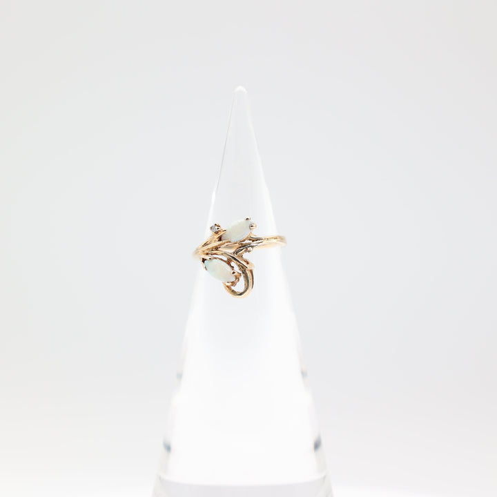 10k Yellow Gold Band with Two Opal Stones and Diamond Ring Size