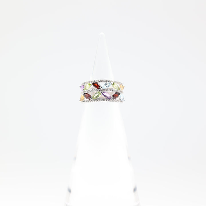 925 Sterling Silver Double Band Gemstone Ring with Prasiolite Garnet Amethyst Citrine and Blue Topaz Size 6