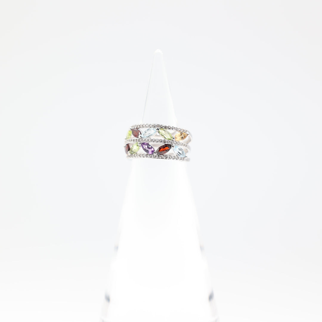 925 Sterling Silver Double Band Gemstone Ring with Prasiolite Garnet Amethyst Citrine and Blue Topaz Size 6
