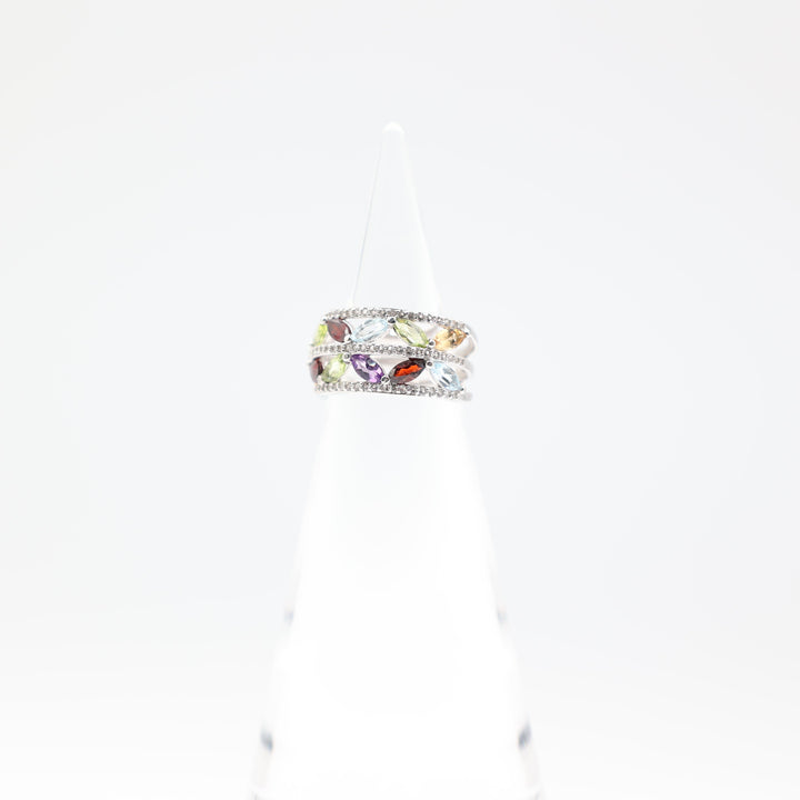 925 Sterling Silver Double Band Gemstone Ring with Prasiolite Garnet Amethyst Citrine and Blue Topaz Size 6