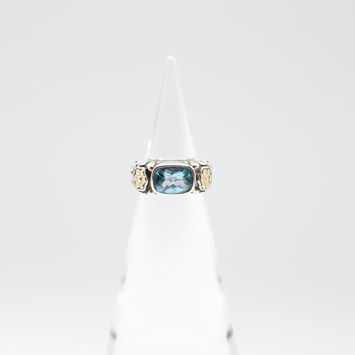 925 Silver And 18k Gold Accent Oval Blue Topaz Ring Size 6.75