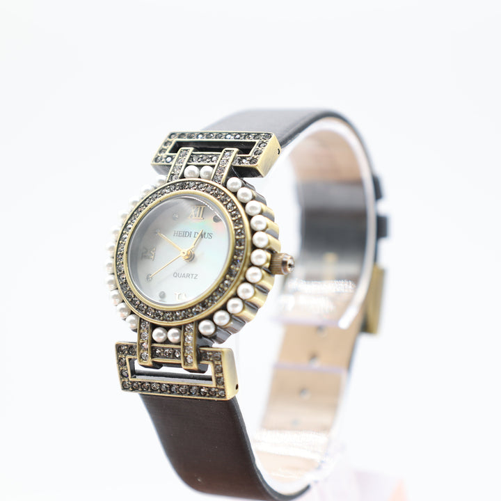 Heidi Daus Pearl and Crystal Halo Watch with Mother of Pearl Dial and Black Genuine Leather Band