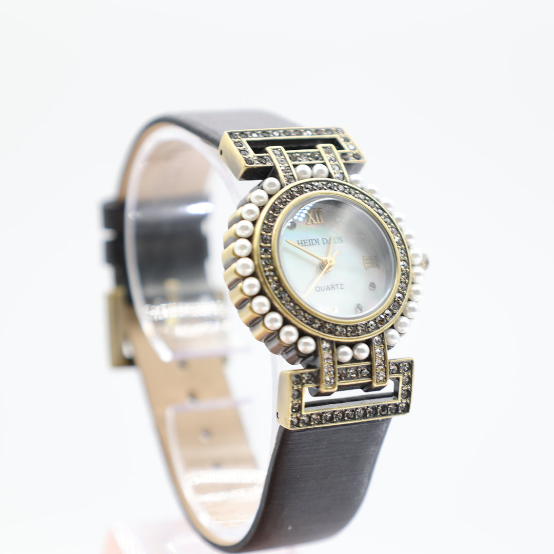 Heidi Daus Pearl and Crystal Halo Watch with Mother of Pearl Dial and Black Genuine Leather Band