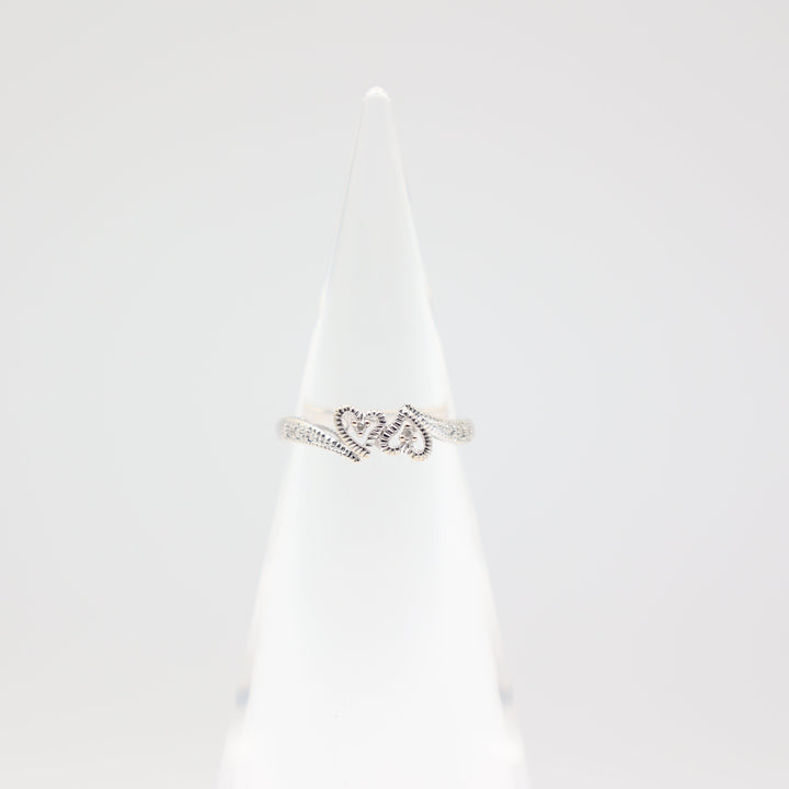10k White Gold 2 Small Twisted Hearts with 2 White Diamonds Ring Size 6.75