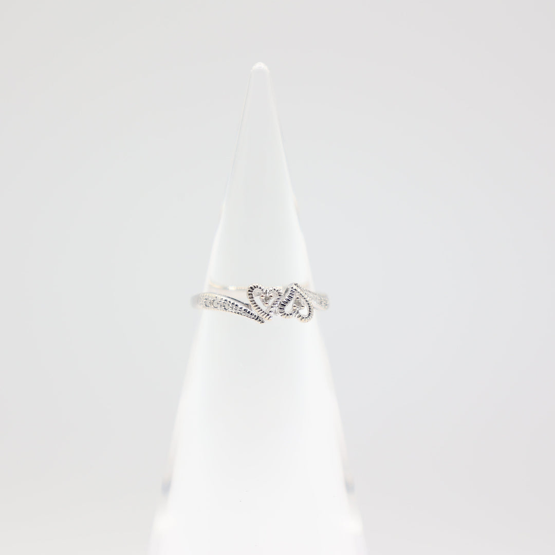 10k White Gold 2 Small Twisted Hearts with 2 White Diamonds Ring Size 6.75