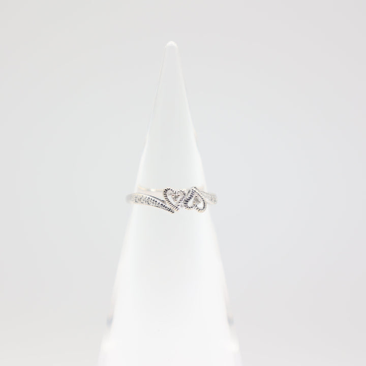 10k White Gold 2 Small Twisted Hearts with 2 White Diamonds Ring Size 6.75