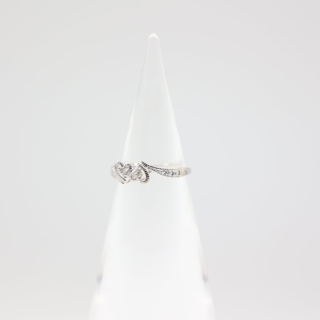 10k White Gold 2 Small Twisted Hearts with 2 White Diamonds Ring Size 6.75