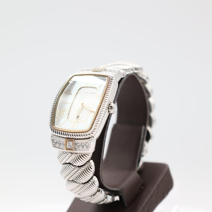 Judith Ripka Twisted Stainless Steel Textured Band Mother of Pearl Gold Tone Dial Watch