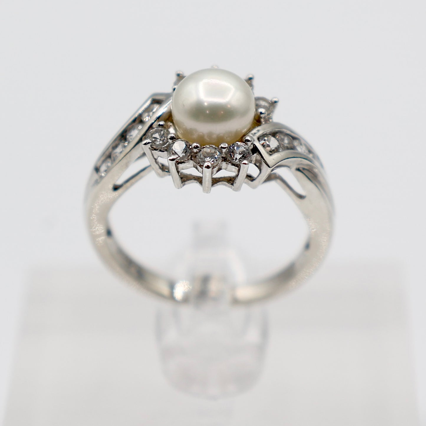 925 Sterling Silver Pearl and White Topaz Accents Halo Ring - Size 7