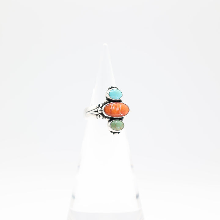 925 Sterling Silver Navajo Turquoise Coral Jade Ring Size 8