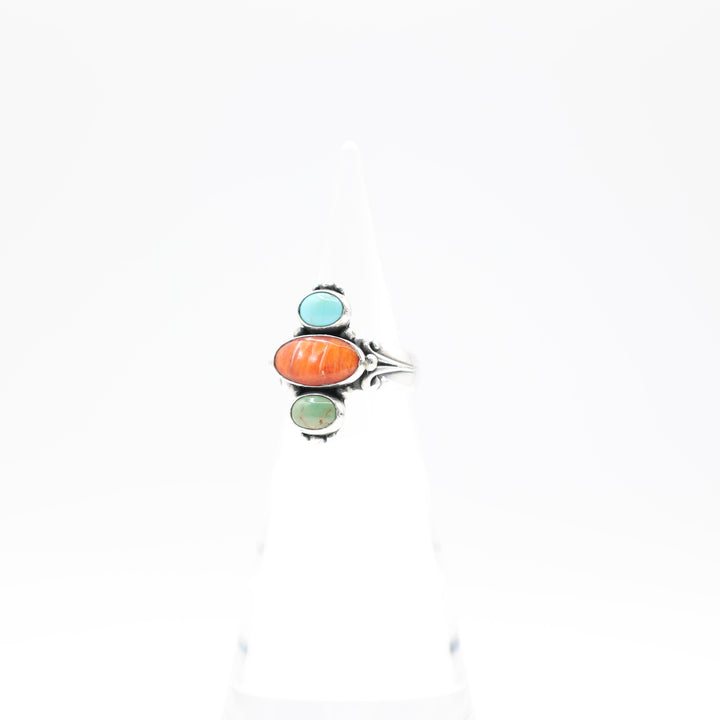 925 Sterling Silver Navajo Turquoise Coral Jade Ring Size 8