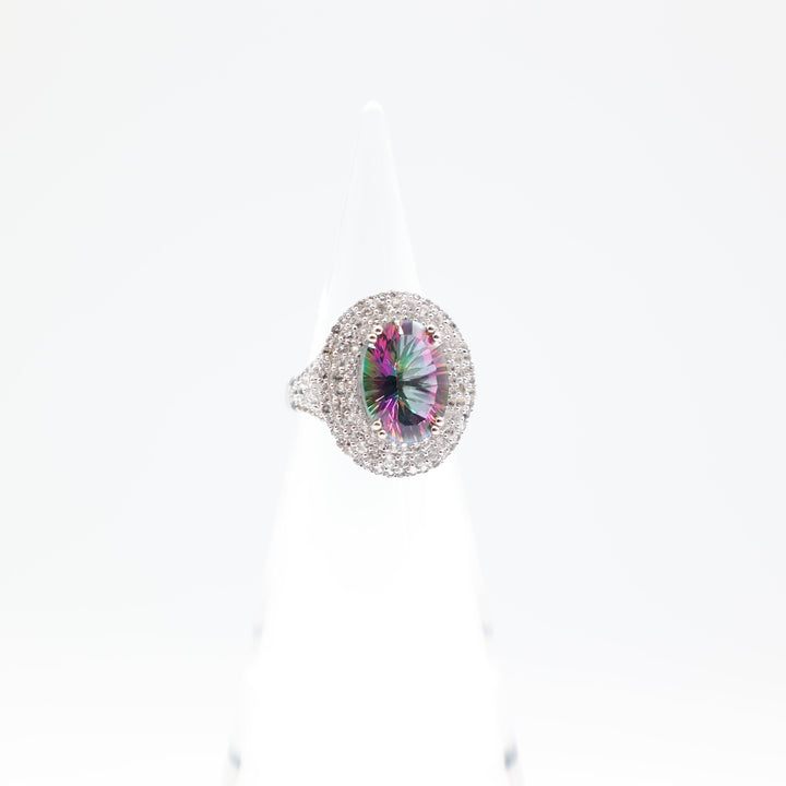 925 Sterling Silver 14x10mm Oval Mystic Topaz Stone with White Topaz Halo Ring Size 7