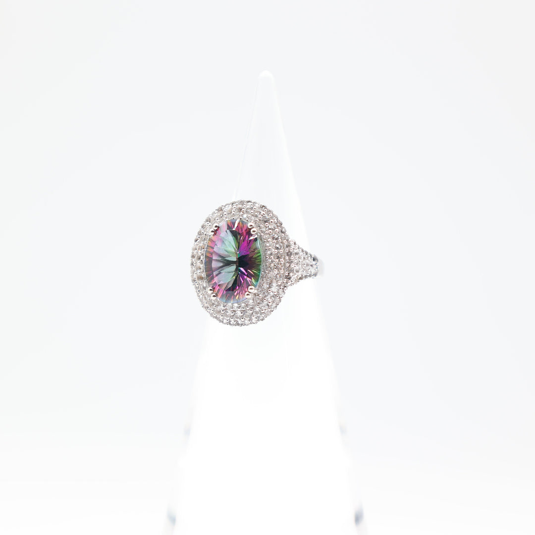 925 Sterling Silver 14x10mm Oval Mystic Topaz Stone with White Topaz Halo Ring Size 7