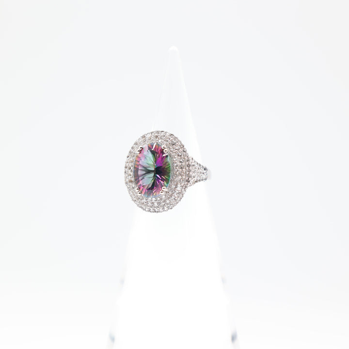 925 Sterling Silver 14x10mm Oval Mystic Topaz Stone with White Topaz Halo Ring Size 7