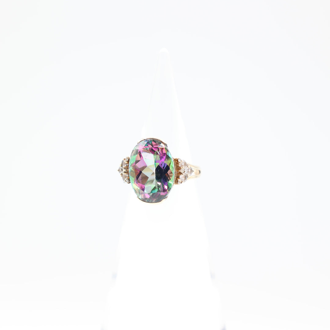 10K Yellow Gold Band Mystic Topaz Stone Ring Size 6.75 17mm x 12mm
