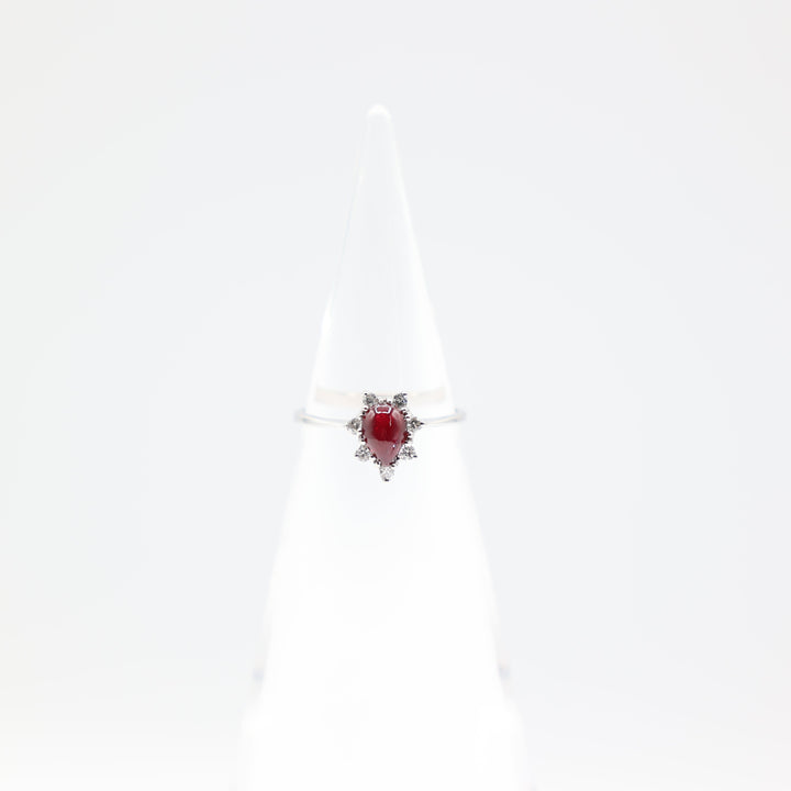 14k White Gold Band with Pear Shaped Ruby and Seven Diamonds Ring Size 6