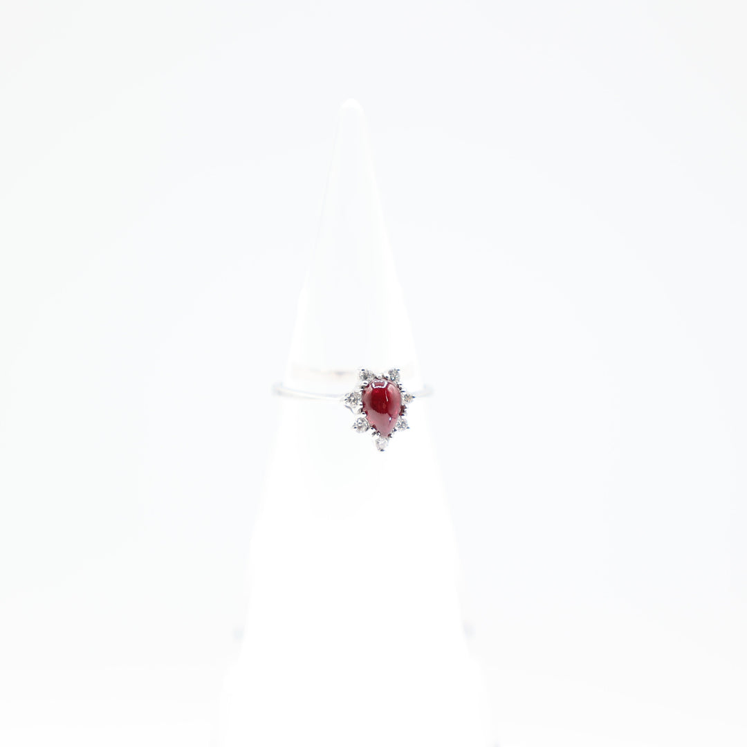 14k White Gold Band with Pear Shaped Ruby and Seven Diamonds Ring Size 6
