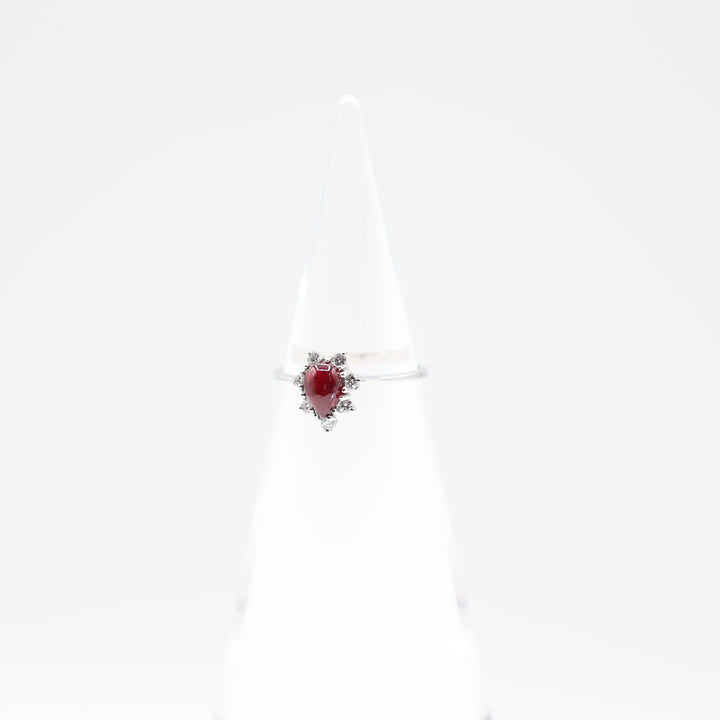 14k White Gold Band with Pear Shaped Ruby and Seven Diamonds Ring Size 6