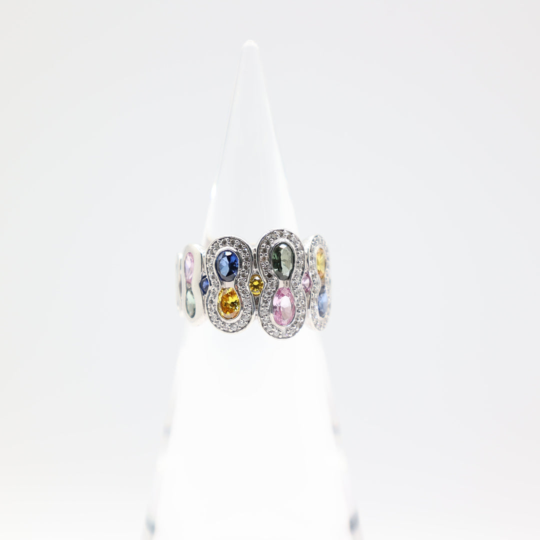 925 Sterling Silver Pink Sapphire Blue Sapphire Yellow Tourmaline Green Spinel Ring Size 10.5