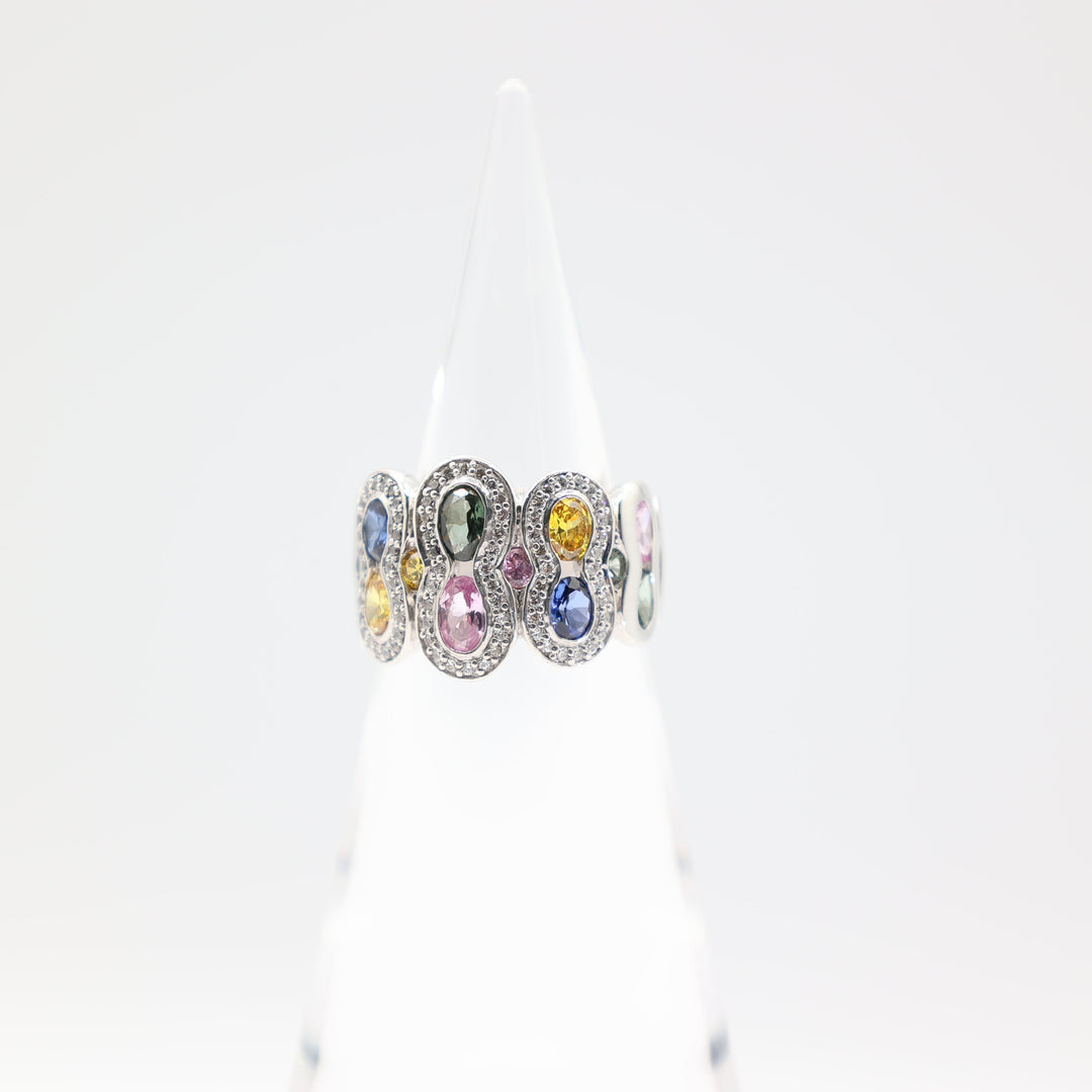 925 Sterling Silver Pink Sapphire Blue Sapphire Yellow Tourmaline Green Spinel Ring Size 10.5