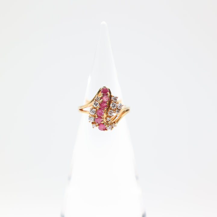 Yellow Gold Tone 2mm 6 Pink Rubys and White Quartz Ring Size 7