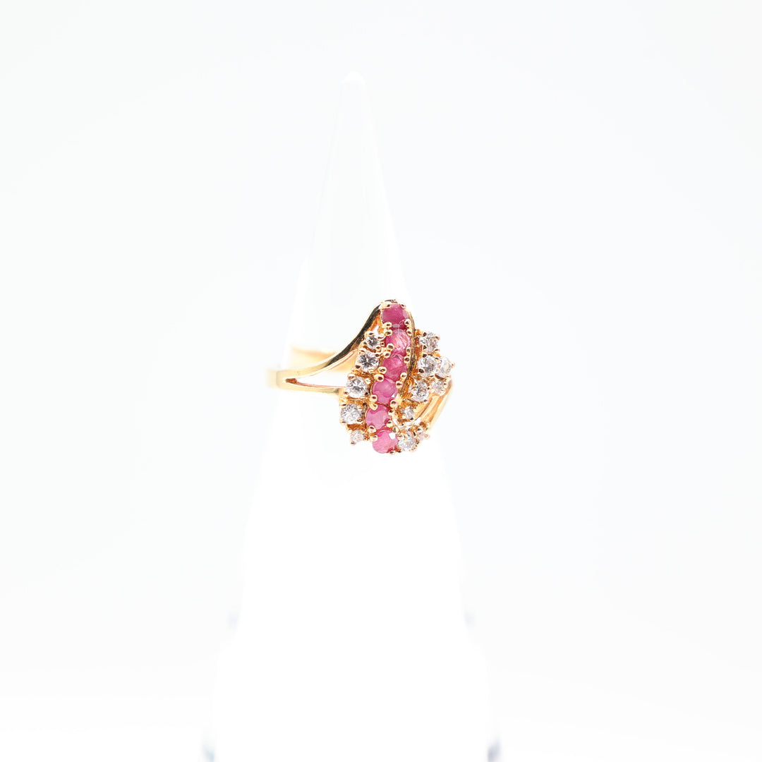 Yellow Gold Tone 2mm 6 Pink Rubys and White Quartz Ring Size 7