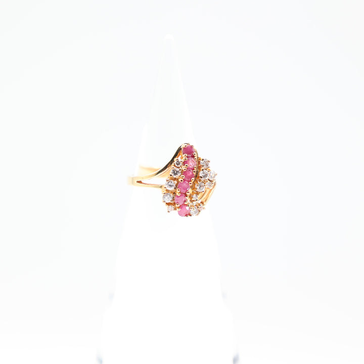 Yellow Gold Tone 2mm 6 Pink Rubys and White Quartz Ring Size 7