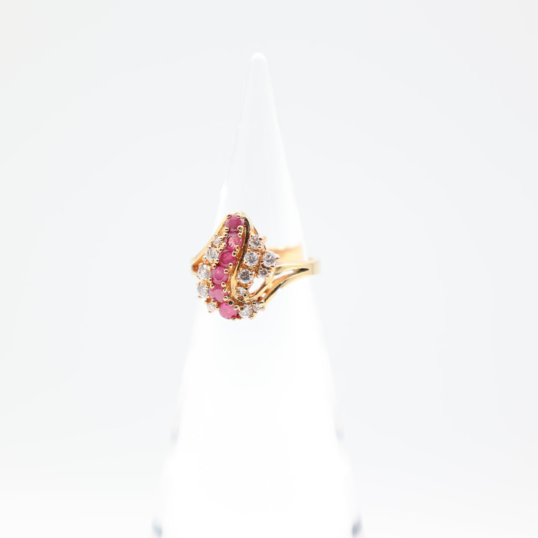 Yellow Gold Tone 2mm 6 Pink Rubys and White Quartz Ring Size 7