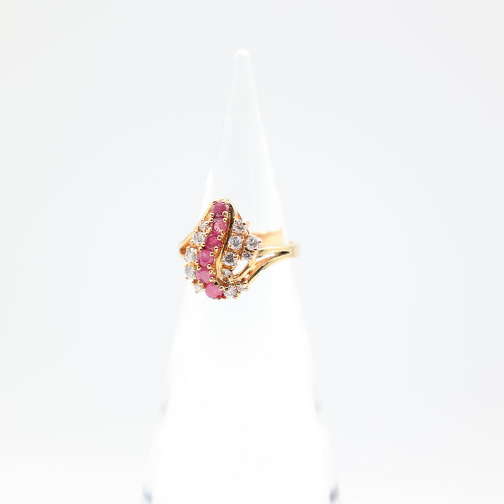Yellow Gold Tone 2mm 6 Pink Rubys and White Quartz Ring Size 7