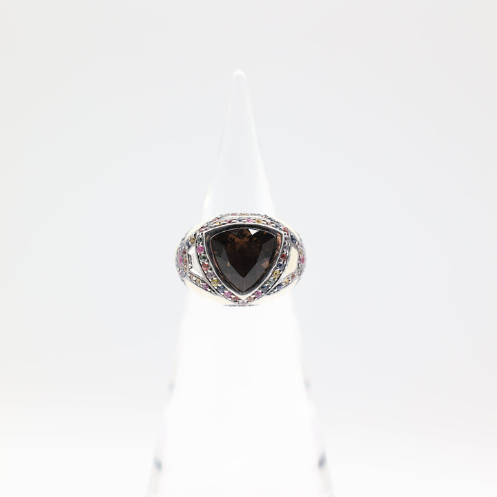 Effy 925 Sterling Silver Smokey Quartz Multi Color Sapphire Cream Enamel Ring Size 8.75