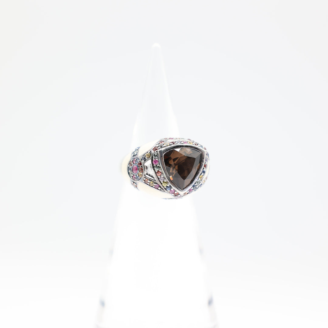 Effy 925 Sterling Silver Smokey Quartz Multi Color Sapphire Cream Enamel Ring Size 8.75