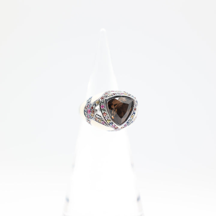Effy 925 Sterling Silver Smokey Quartz Multi Color Sapphire Cream Enamel Ring Size 8.75