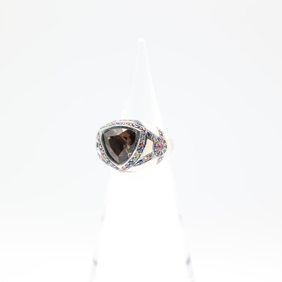 Effy 925 Sterling Silver Smokey Quartz Multi Color Sapphire Cream Enamel Ring Size 8.75