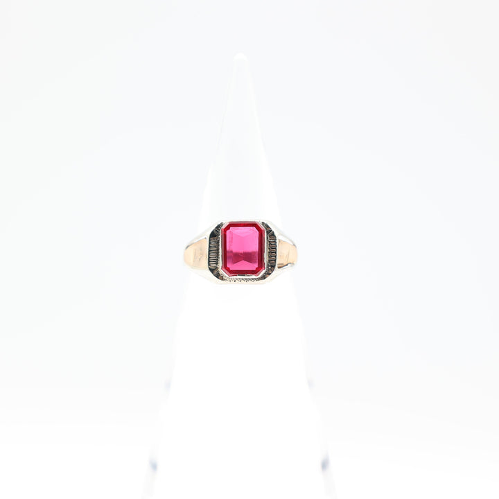 14k Gold Two Tone Band Ruby Stone Ring 10mm x 8mm Size 9.75