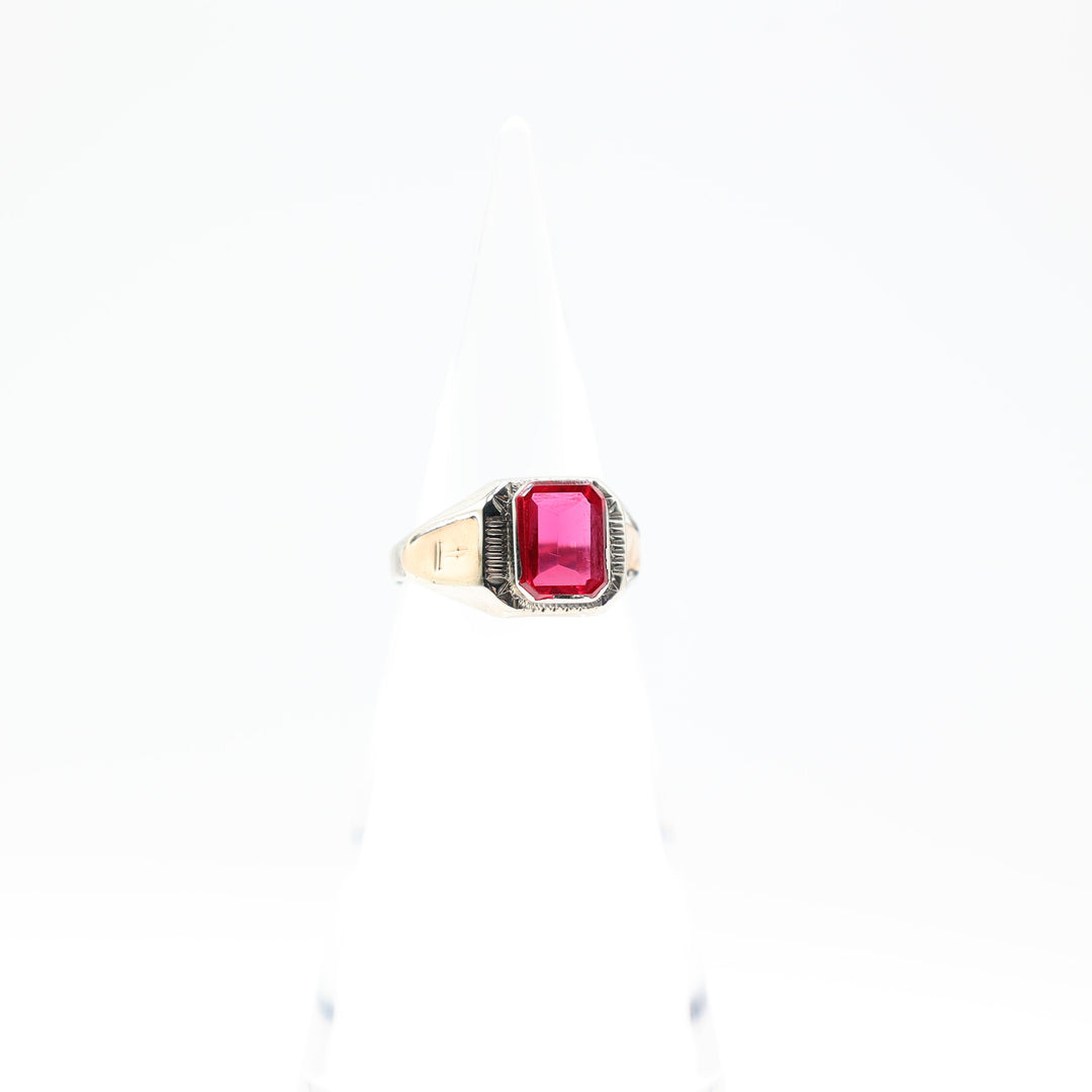 14k Gold Two Tone Band Ruby Stone Ring 10mm x 8mm Size 9.75