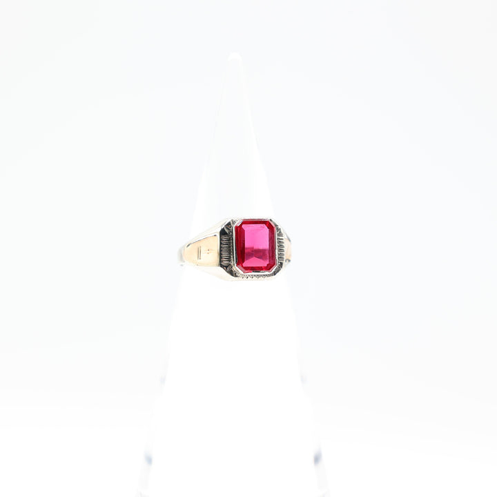 14k Gold Two Tone Band Ruby Stone Ring 10mm x 8mm Size 9.75