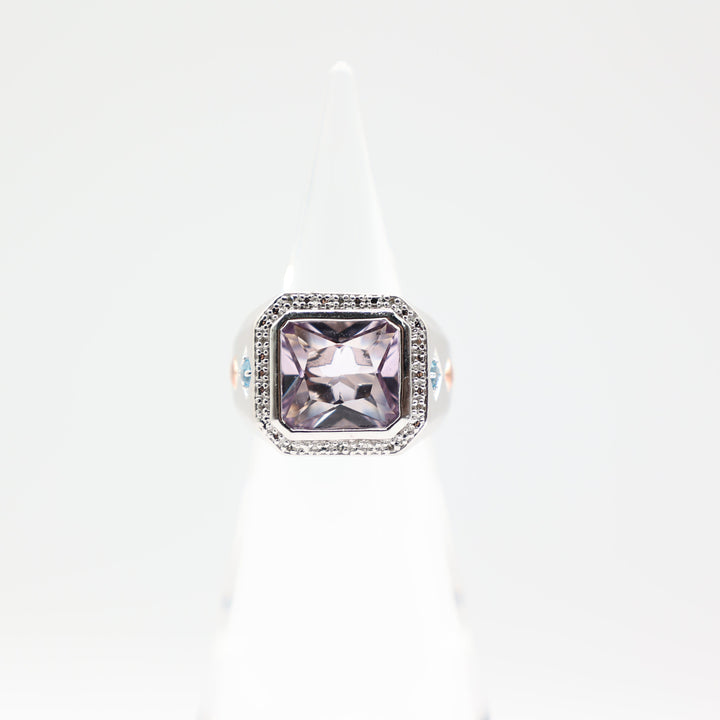 925 Sterling Silver Amethyst Rectangle Ring with White Diamond Halo and Blue Topaz Accents Size 9