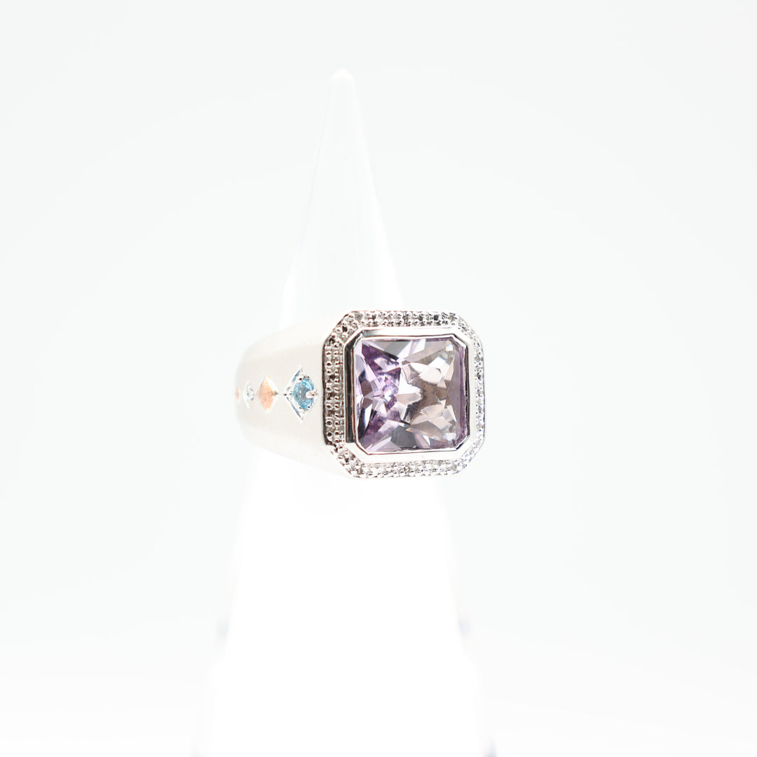 925 Sterling Silver Amethyst Rectangle Ring with White Diamond Halo and Blue Topaz Accents Size 9