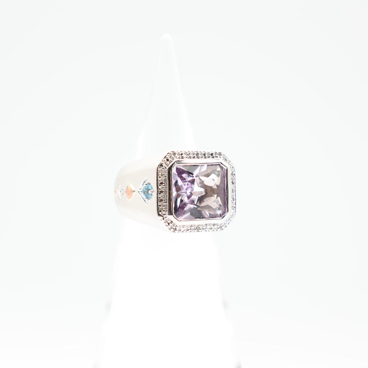 925 Sterling Silver Amethyst Rectangle Ring with White Diamond Halo and Blue Topaz Accents Size 9
