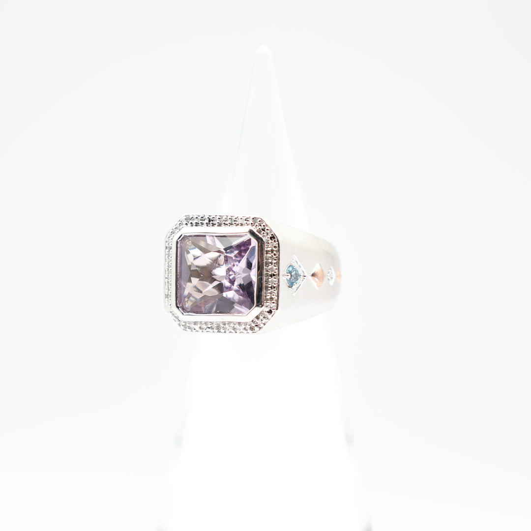 925 Sterling Silver Amethyst Rectangle Ring with White Diamond Halo and Blue Topaz Accents Size 9
