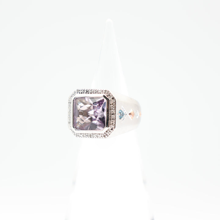 925 Sterling Silver Amethyst Rectangle Ring with White Diamond Halo and Blue Topaz Accents Size 9