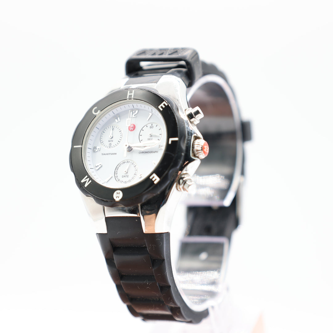 Michele Tahitian Black Silicone Stainless Steel Chronograph Watch