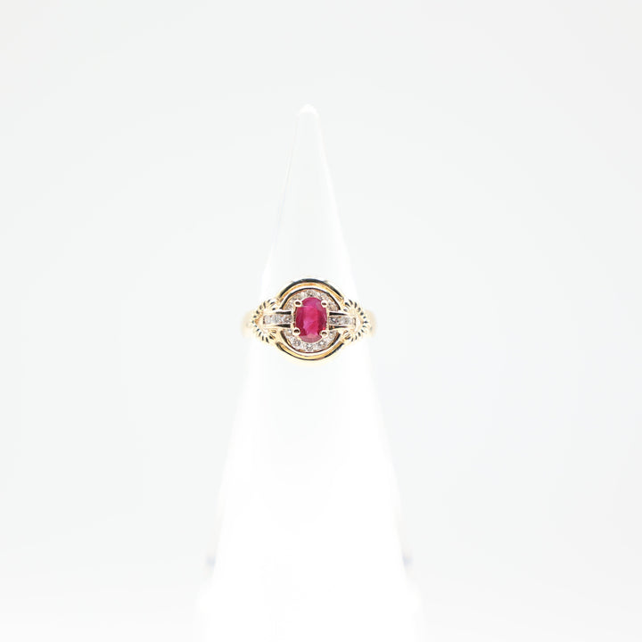 14k Yellow Pink Ruby 6mmx5mm with White Diamond Halo Ring Size 4.75