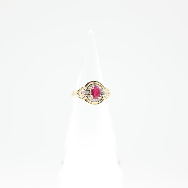 14k Yellow Pink Ruby 6mmx5mm with White Diamond Halo Ring Size 4.75