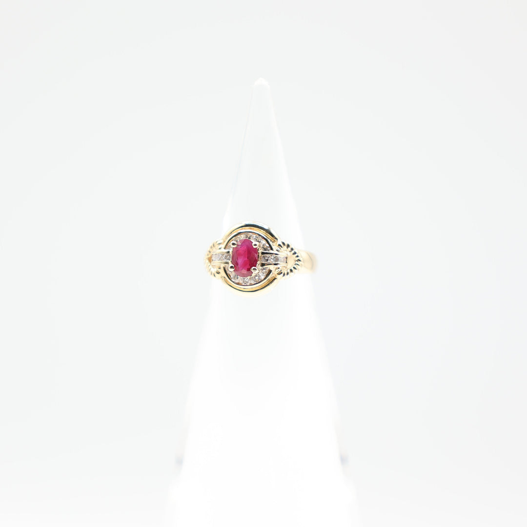 14k Yellow Pink Ruby 6mmx5mm with White Diamond Halo Ring Size 4.75